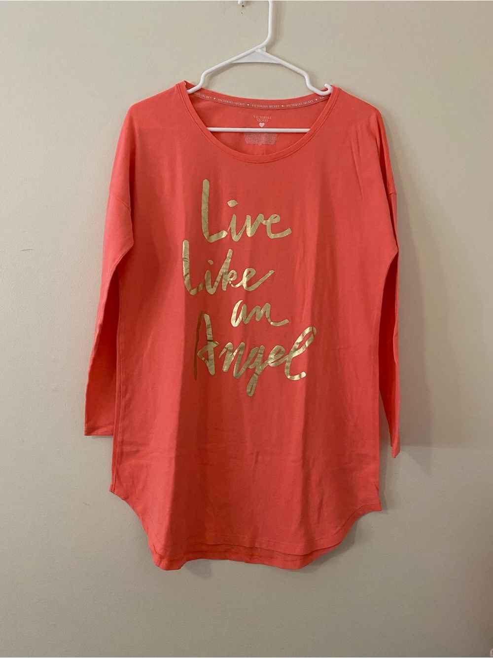 Victoria's Secret Coral Pink Lounge Top with Gold metallic letters